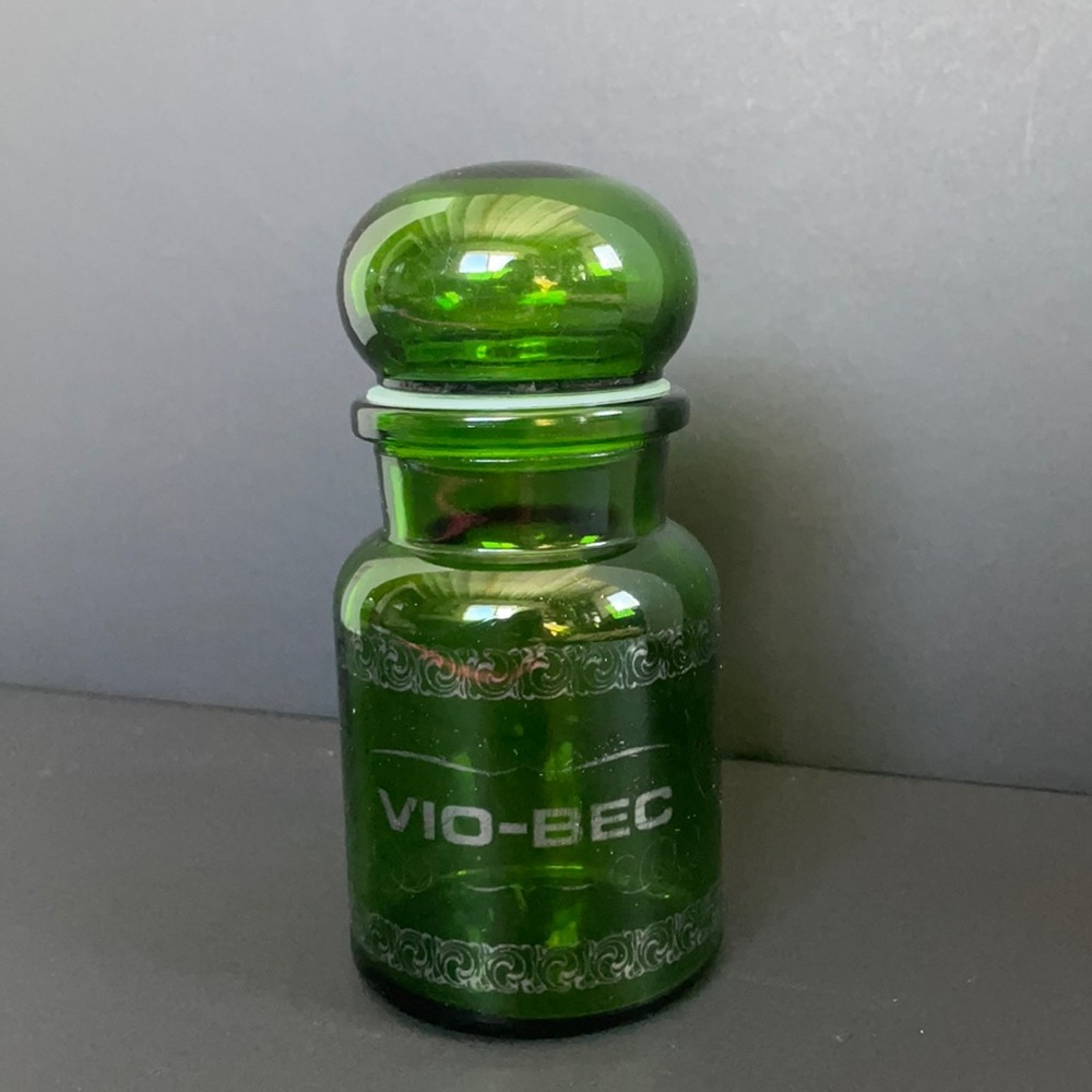 Vintage Apothecary Jar Green Glass Vio-Bec Bottle with Stopper Collectible